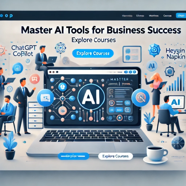 A visually appealing WordPress shop banner showcasing a modern and professional training program for mastering AI tools (ChatGPT, Copilot, Heygen, Nap